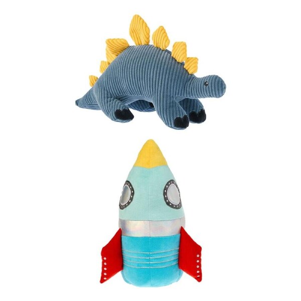 2pc Linen House Kids Racer Rocket and Sal Stegosaurus Plush Toy Cushions Set