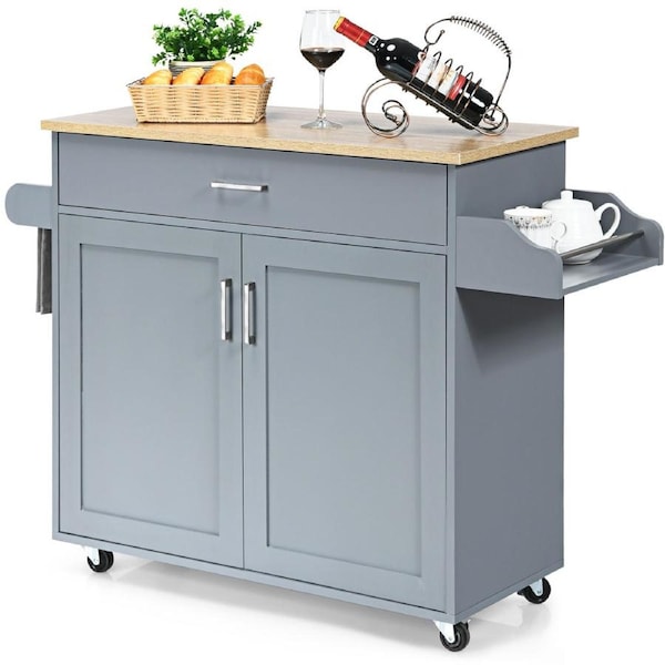 Costway Large Kitchen Island Trolley Rolling Buffet Sideboard w/Towel Rack & Spice Shelf Grey