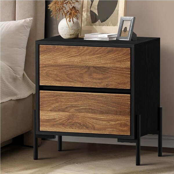 Oikiture Bedside Table 2 Drawers Side End Bedroom Storage Nightstand Walnut