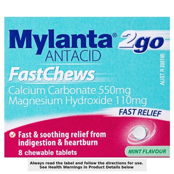 Mylanta 2Go Antacid FastChews Mint 8 Chewable Tablets