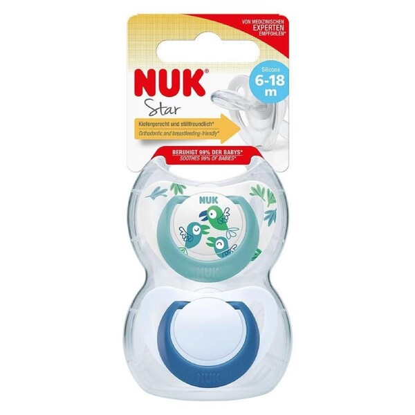 NUK Star Silicone Baby Dummy Blue Birds 6-18 Months 2 Pack