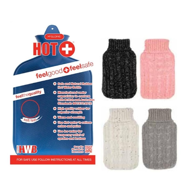 McGloins Hot Water Bottle with Knitted Sparkled Cover (Assorted Designs Selected at Random)