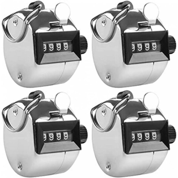 4 Digit Hand Tally Counters,4 Pack Mechanical Lap Tracker Manual Clicker with Metal Finger Ring Hoop Holder - Silver