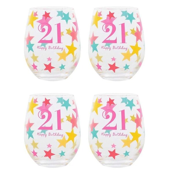 4PK Gibson Gifts 21 Birthday Party Stemless Glass Tumbler Drink Cup Drinkware