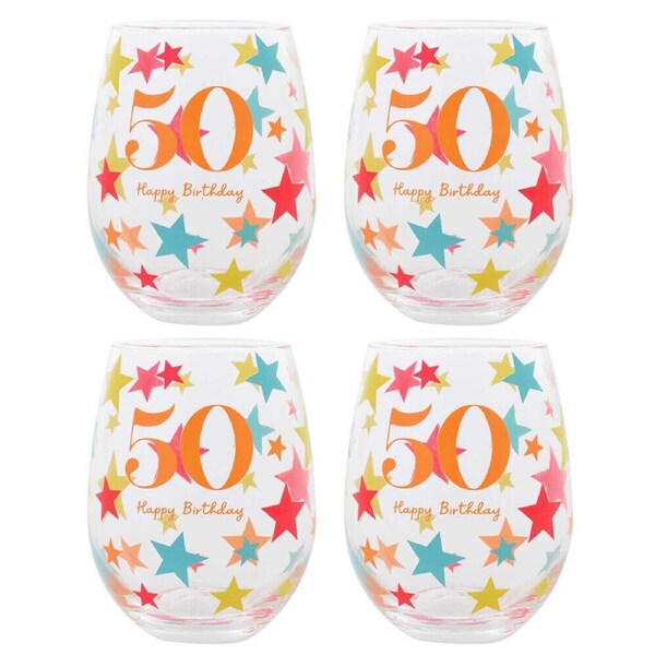 4PK Gibson Gifts 50 Birthday Party Stemless Glass Tumbler Drink Cup Drinkware