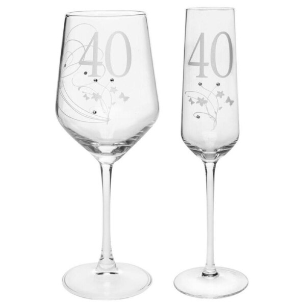 2pc Gibson Gifts 40 Birthday Crystal Wine & Champagne Glass Combo Set Clear