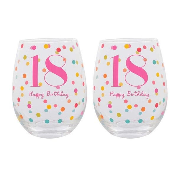 2PK Gibson Gifts 18 Birthday Party Stemless Glass Tumbler Cup Drinkware Pink