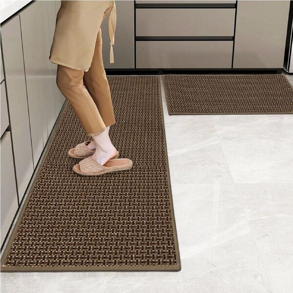 2pcs Marlow Absorbent Kitchen Runner Mats, Woven Fabric with Non-Slip Rubber Backing - Brown