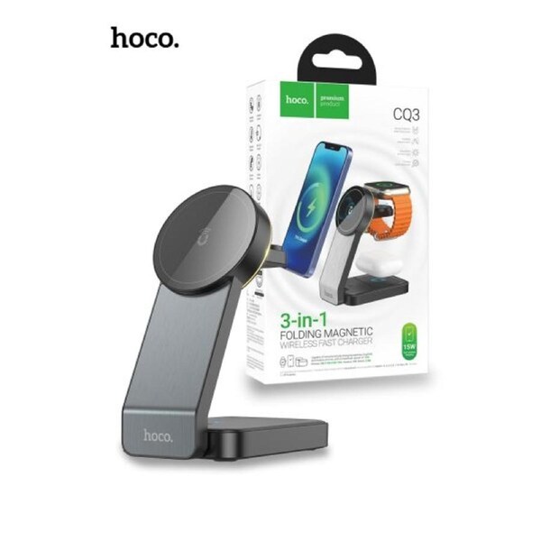 Hoco CQ3 15W Motorcycle Folding 3 in 1 Magnetic Fast Wireless Charger - Black