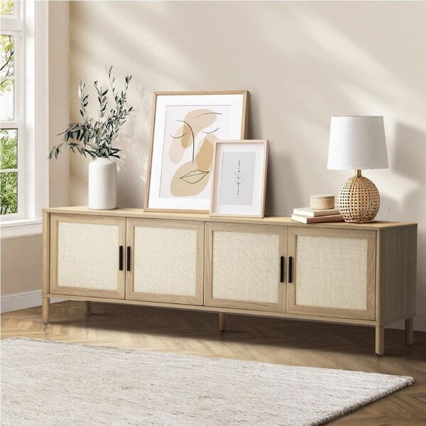 Oikiture TV Cabinet Entertainment Unit Stand Rattan Door 160cm