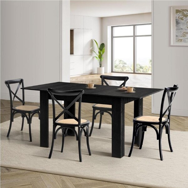 Oikiture 160cm Extendable Dining Table with 4PCS Dining Chairs Geometric Black