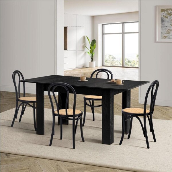Oikiture 160cm Extendable Dining Table with 4PCS Geometric Dining Chairs Black
