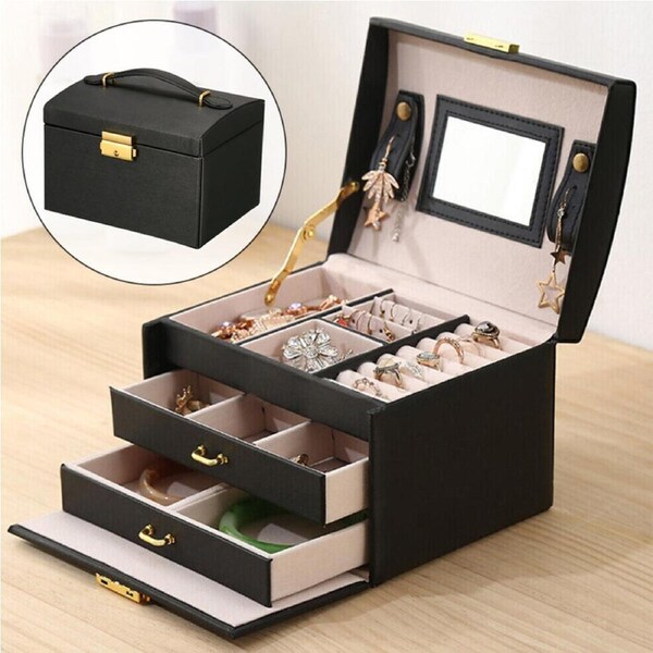 Jewellery Storage Box Watch Case Holder Ring Earring Jewelry Display Organizer Black