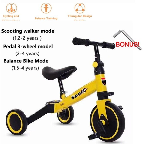 3 in1 Kids Tricycle Toddler Balance Bike Ride on Toys Toddler Push Trike Bicycle Yellow
