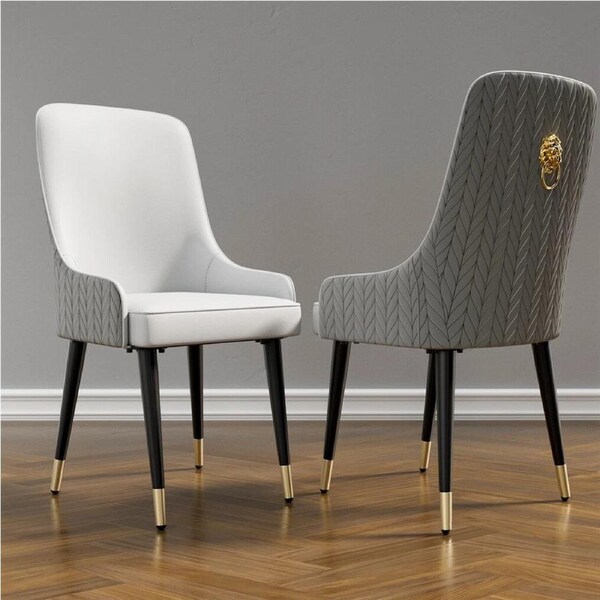High-End Grey Dining Chairs Set of 2 Faux Leather Upholstered Kitchen Chairs with Gold Lion Head