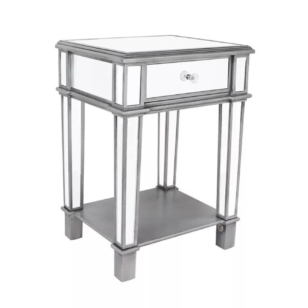Silver Mirrored Nightstand with Shelf