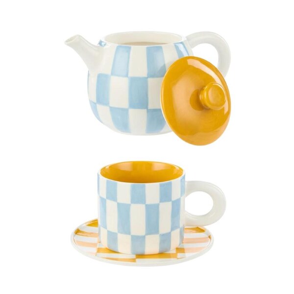 Emporium Check 700ml Teapot and Mug & Plate Set