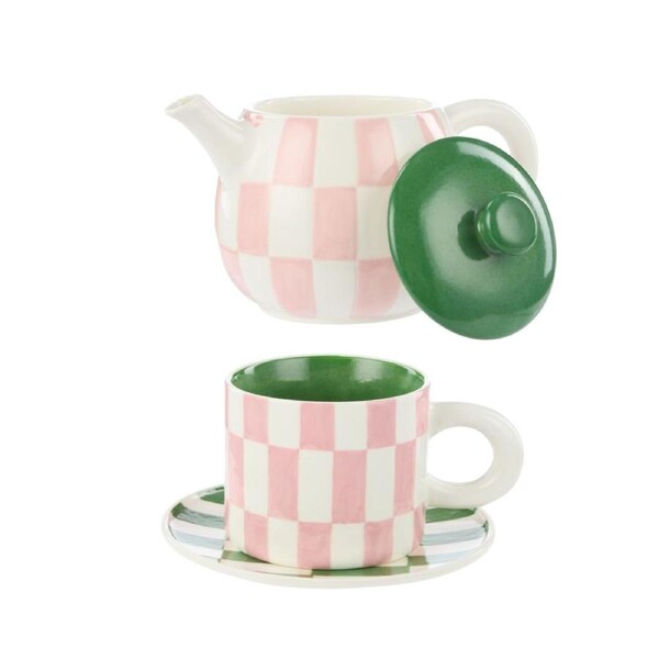 Emporium Check 700ml Teapot and Mug & Plate Set Pink/Green