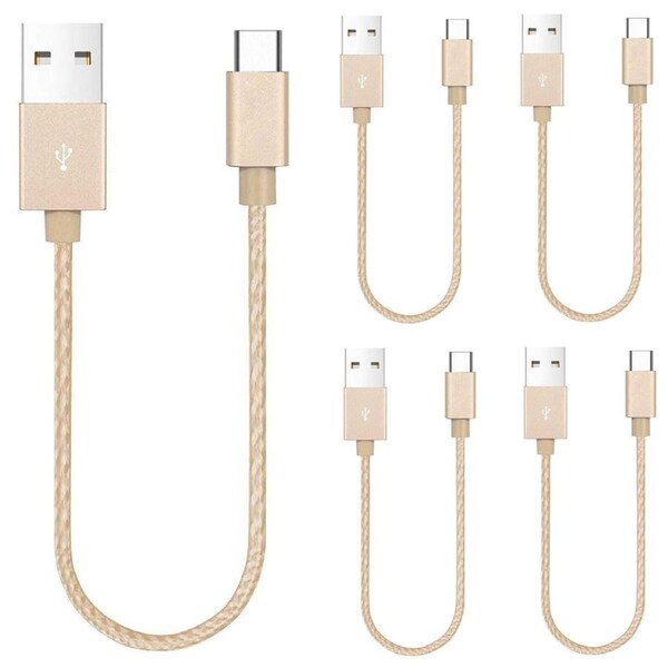 5 Pack 20cm Short Data Transfer Charger Charging USB Type C Phone Tablet Cable Cord Bulk Braided Gold Nylon