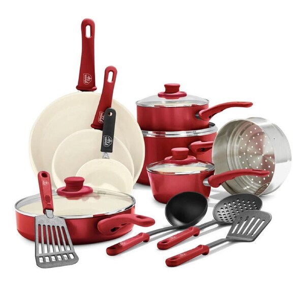16pc Greenlife Soft Grip Handle Aluminium Non-Stick Cookware Set Scarlet Red