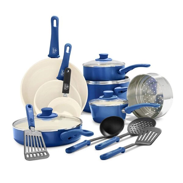 16pc Greenlife Soft Grip Handle Aluminium Non-Stick Cookware Set Night Blue
