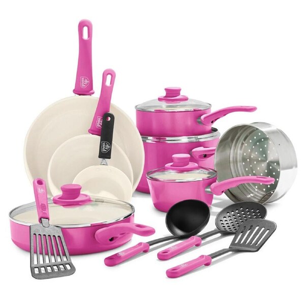 16pc Greenlife Aluminium Soft Grip Cookware Set Kitchen Cooking Bright Pink