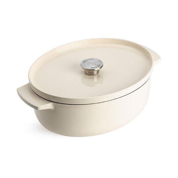 KitchenAid 30cm Cast Iron Non-Stick Oval Casserole Dish w/ Lid Almond Cream