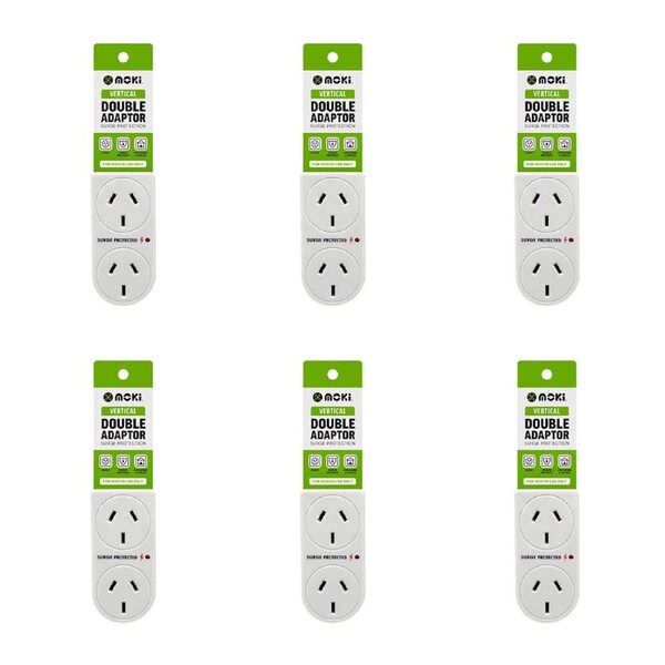 6PK Moki Vertical Double Power Outlet Adaptor w/ Surge Protection Plug White