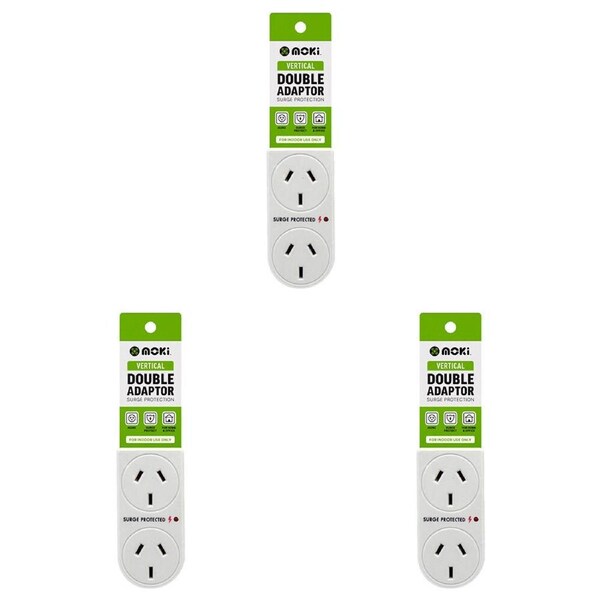 3PK Moki Vertical Double Power Outlet Adaptor w/ Surge Protection Plug White