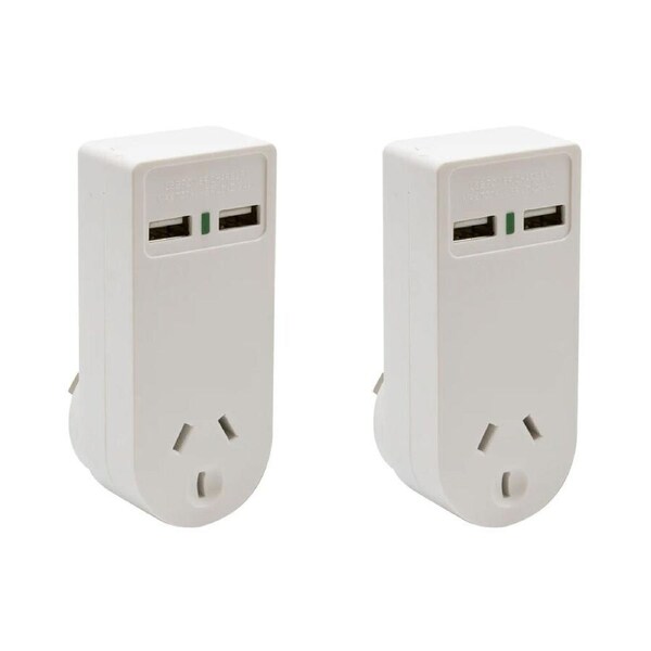 2PK Moki Power Socket w/ Dual USB-A Compact Travel Adaptor Wall Charger White