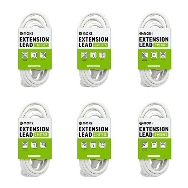 6PK Moki Electrical Plug Extension Lead/Cable 3m Home/Office Power Cord White