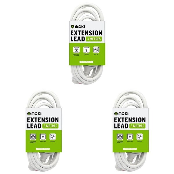 3PK Moki Electrical Plug Extension Lead/Cable 3m Home/Office Power Cord White