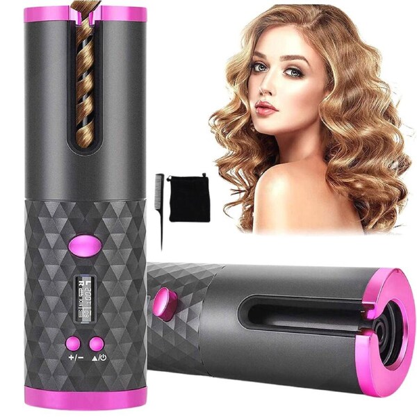 Grey Wireless Ceramic Hair Waver Curling Iron LCD Cordless Auto Rotating Curler