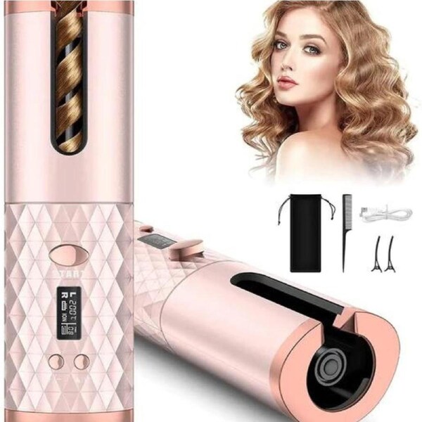 Pink Wireless Ceramic Hair Waver Curling Iron LCD Cordless Auto Rotating Curler