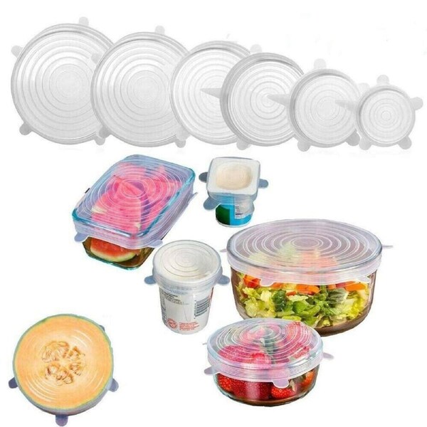 6pcs Reusable White Silicone Bowl Wraps Insta Lids Stretch Food Saver Seal Cover