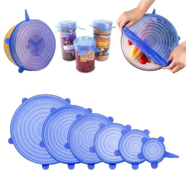 6pcs Reusable Blue Silicone Bowl Wraps Insta Lids Stretch Food Saver Seal Cover