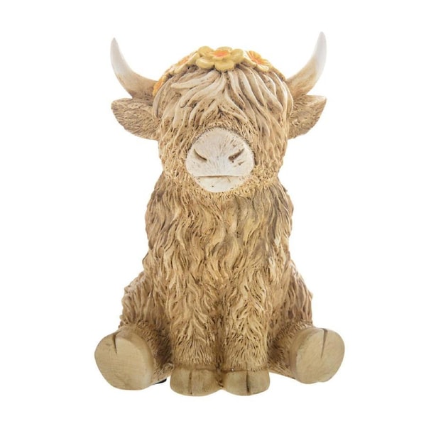 Gibson Gifts Flower Highland Cow Sitting Figurine Tabletop Home Decor Brown