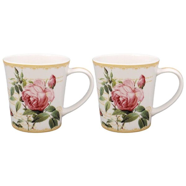 2pc Gibson Gifts Redoute Rose Fine China Coffee Mug Drinkware Cup Set 10cm