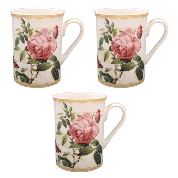 3PK Gibson Gifts Redoute Rose Fine China Coffee Mug Drinkware Tea/Milk Cup 10cm