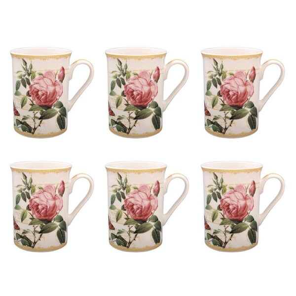 6PK Gibson Gifts Redoute Rose Fine China Coffee Mug Drinkware Tea/Milk Cup 10cm