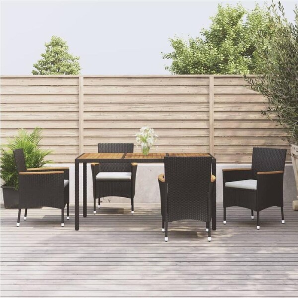 5 Piece Garden Dining Set with Cushions Black Poly Rattan vidaXL