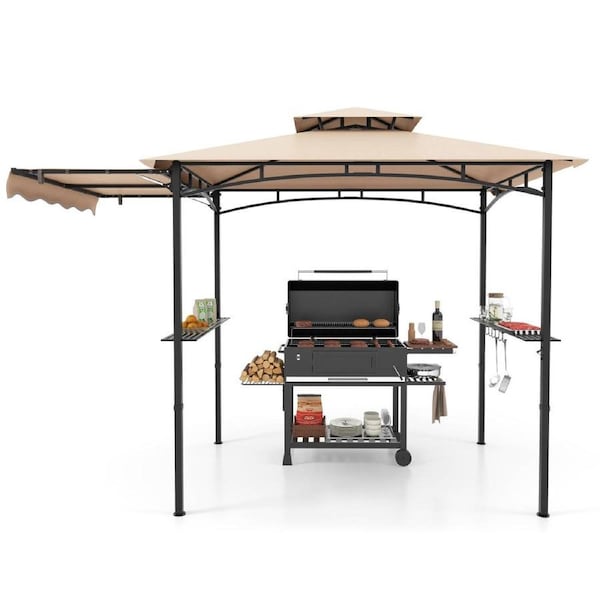 Costway 318x153 cm BBQ Grill Gazebo w/Side Awning & Double-Tiered Top Outdoor Barbecue Canopy Patio Tent Shelter