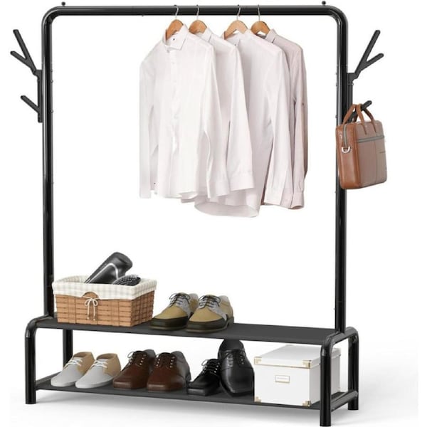 SimpleHouseware Garment Rack with Storage Shelves and Coat/Hat Hanging Hooks
