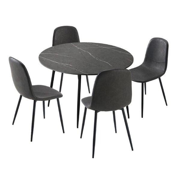 Oikiture 110cm Round Dining Table with 4PCS Dining Chairs PU Grey&Black