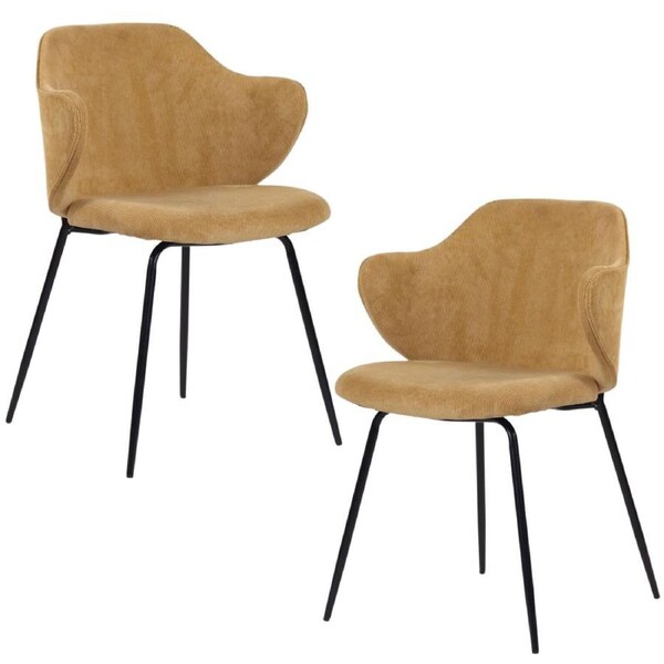 Set of 2 Dining Chairs Corduroy Cord Fabric with Metal Legs in Mustard Yellow
