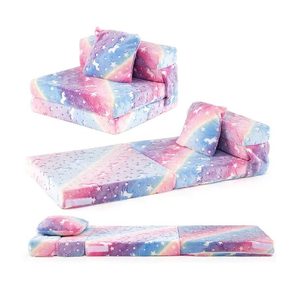 Costway Trifold Sofa Bed Glow in the Dark Floor Mattress Play Couch Set w/Throw Pillow Playroom Nap Mat Futon