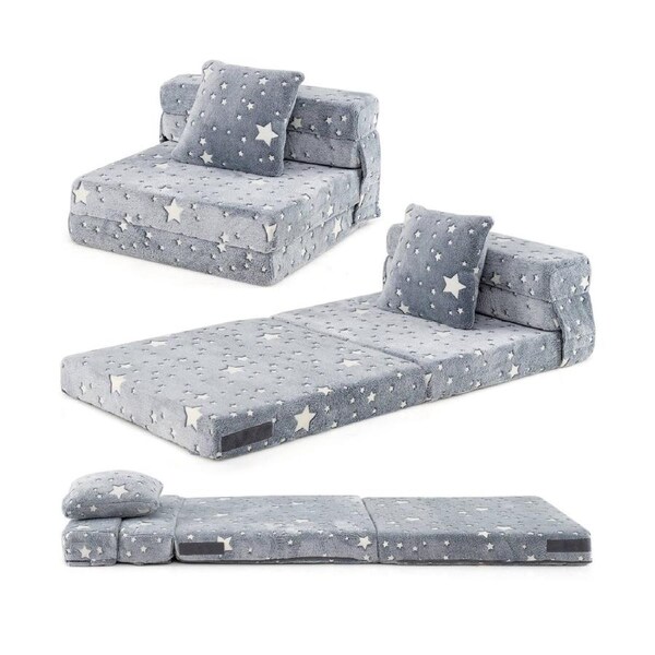 Costway Trifold Sofa Bed Glow in the Dark Floor Mattress Play Couch Set w/Throw Pillow Nap Mat Futon for Playroom