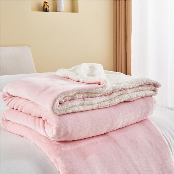 LINENOVA Sherpa Flannelette Fleece Throw Blanket Warm Soft Fuzzy Blankets For Winter Sofa,Bedroom,Camping,Travel Throw Blanket / Pink
