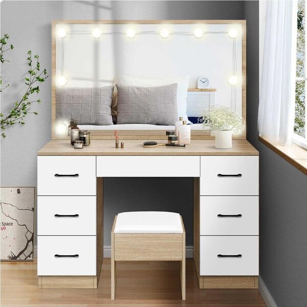 ALFORDSON Dressing Table Stool Set LED Makeup Mirror Oak