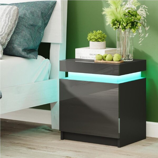 Advwin Bed Side Table LED RGB 2 Drawers Nightstand With Lift Up Storage Cabinet Black